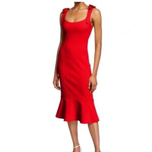 LIKELY Ellery Fluted Hem Midi Dress size 4 Solid Red Shoulder Bow Ties Cocktail